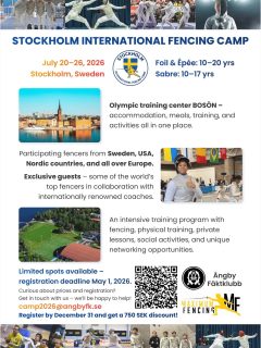BREAKING NEWS!

In collaboration with @maximumfencing we are proud to present the first international fencing camp for all weapons in Stockholm. From the 20th of July till the 26th you can experience excellent sparring at Bosön - Sweden’s Olympic Training Centre. The camp offers top coaching, world-class facilities and the perfect mix of sport and summer activities in the stunning Stockholm archipelago.

To sign up you can go to our website angbyfk.se or use the link in our bio. Register before December 31st and get a 750 sek discount (aprox. 70€). Last registration date is May 1st.
Hope we’ll see you there.

If you have further questions see picture above, look on our website or contact us via email: camp2026@angbyfk.se